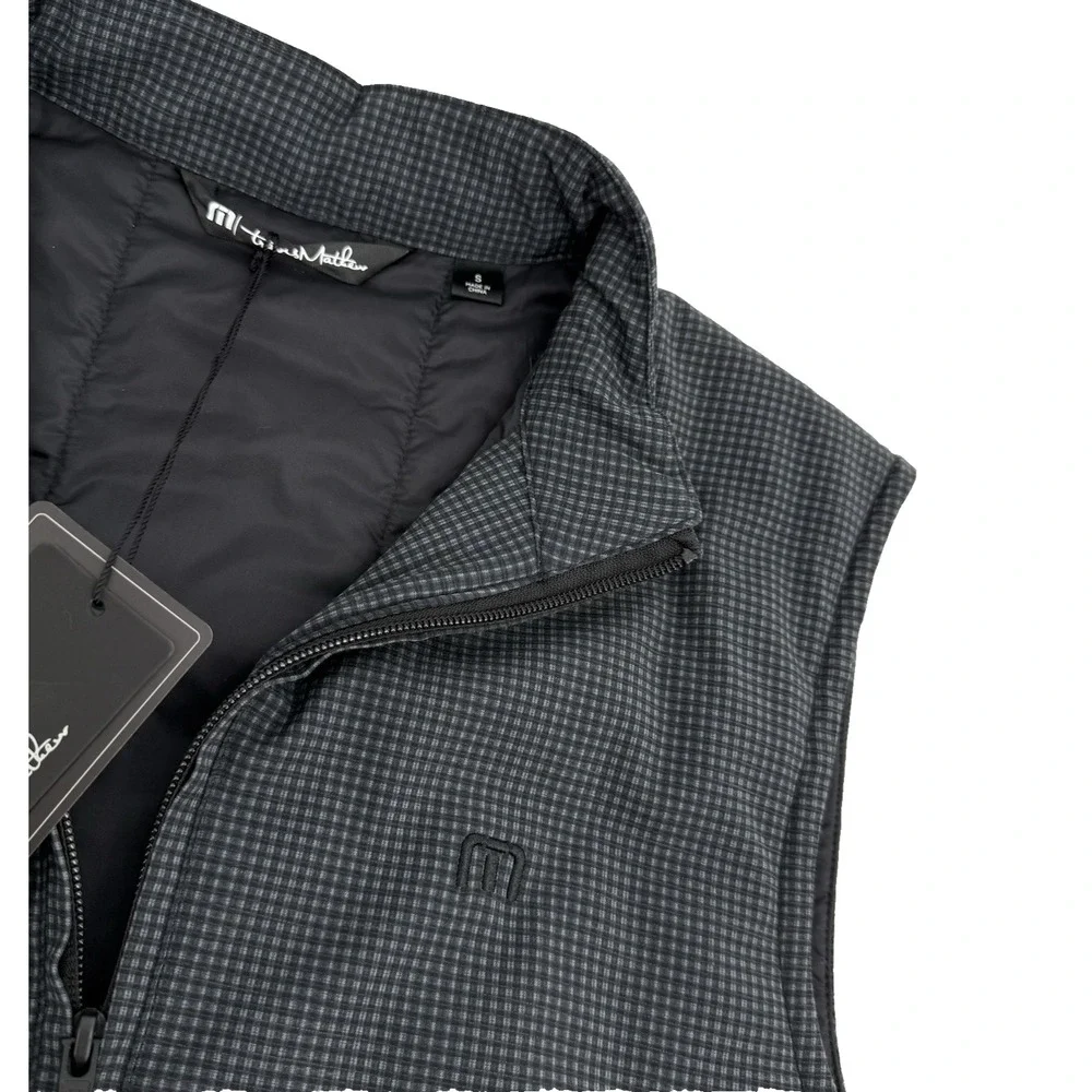 TravisMathew Keep It Up Vest Men's Small Black Check Full Zip Golf NWT 1MU365